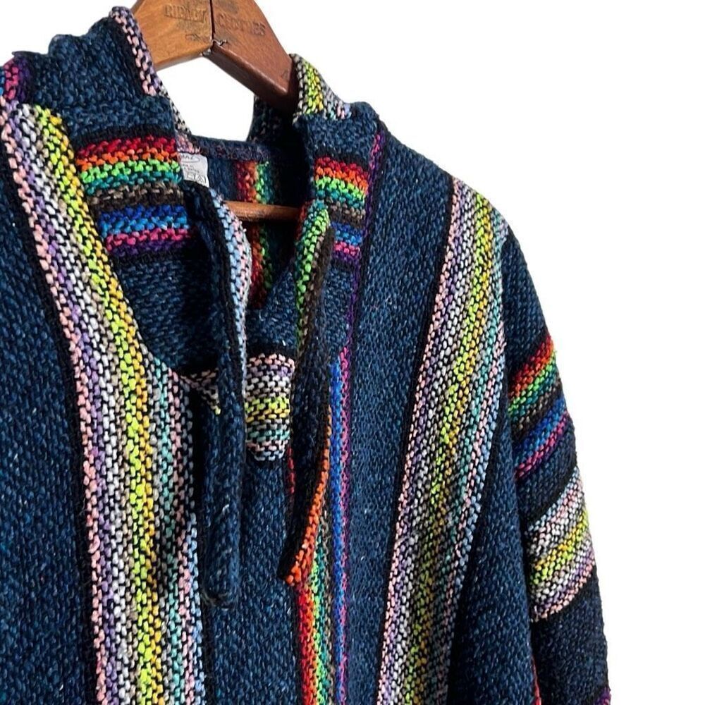 Art Maz Knit Baja Hoodie Mexican Pullover Poncho Sweater Black Yellow Size Large - Picture 4 of 7
